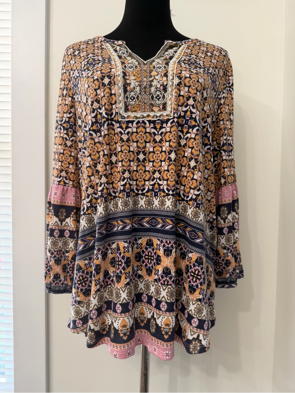 Always Fabulous Boho Tunic Top - Pink, Navy & Brown Elastic Long Sleeve Size XL - Picture 2 of 14